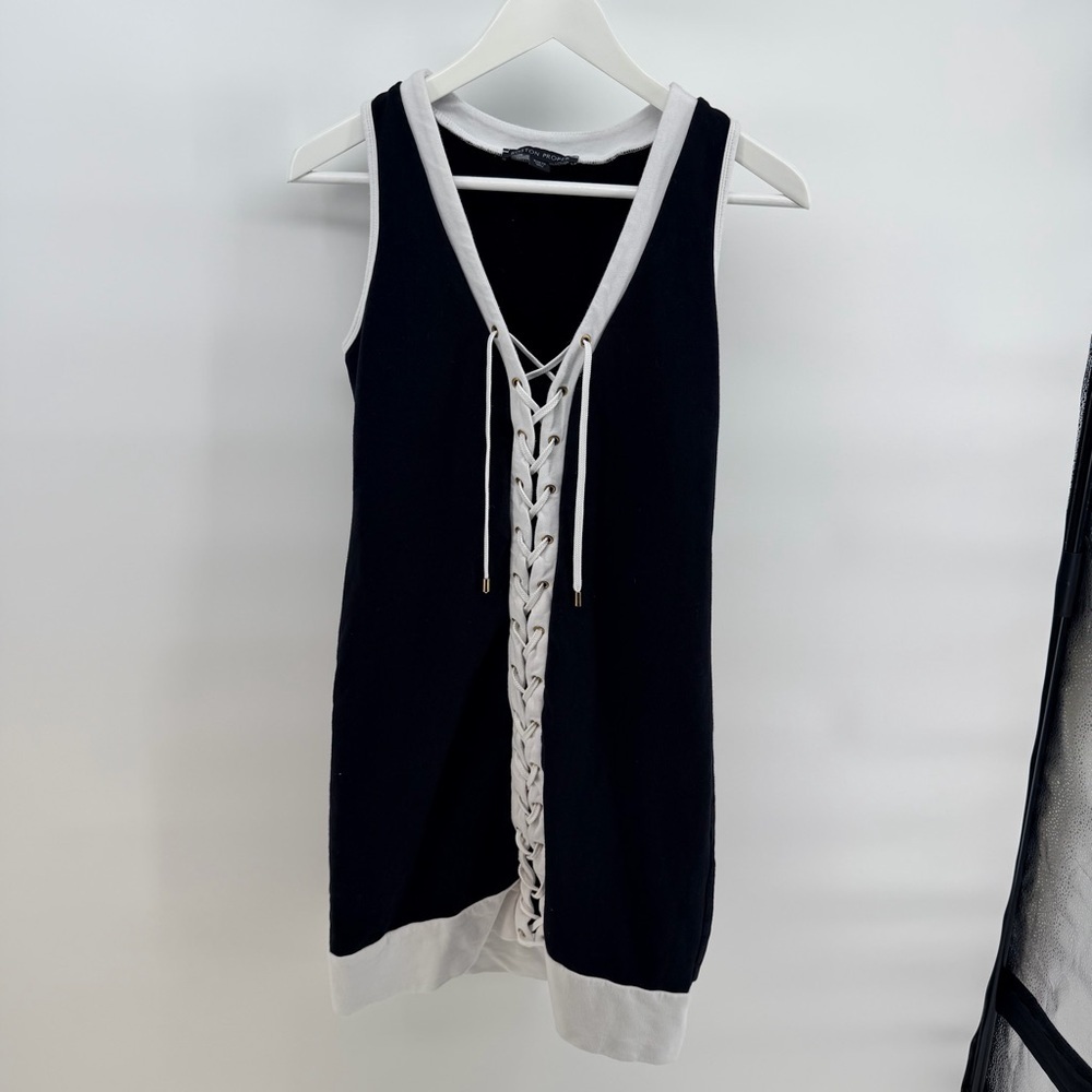 Boston Proper Black and White Lace-Up Mini Dress
